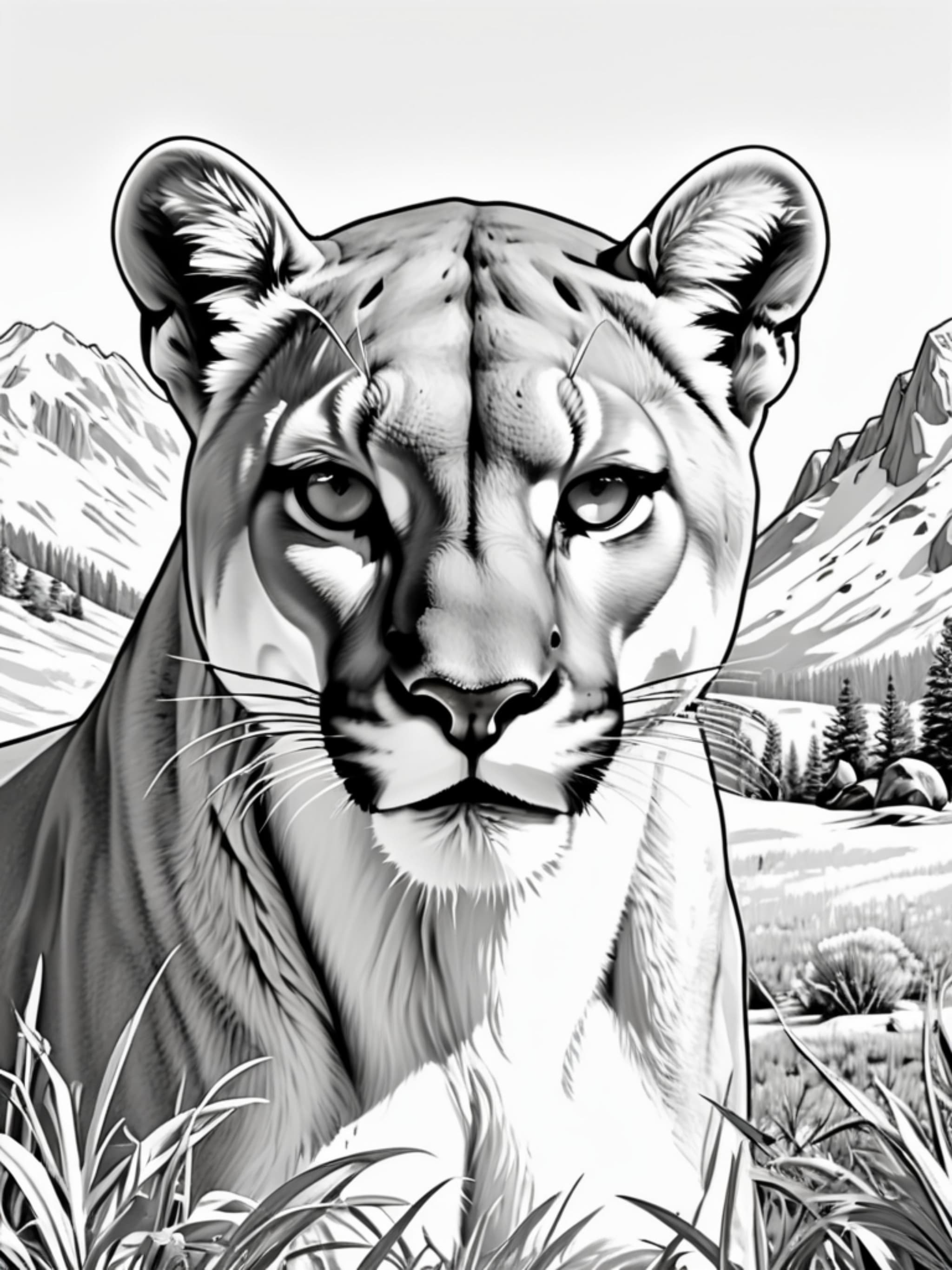 Realistic Head Shot of Mountain Lion In Mountains